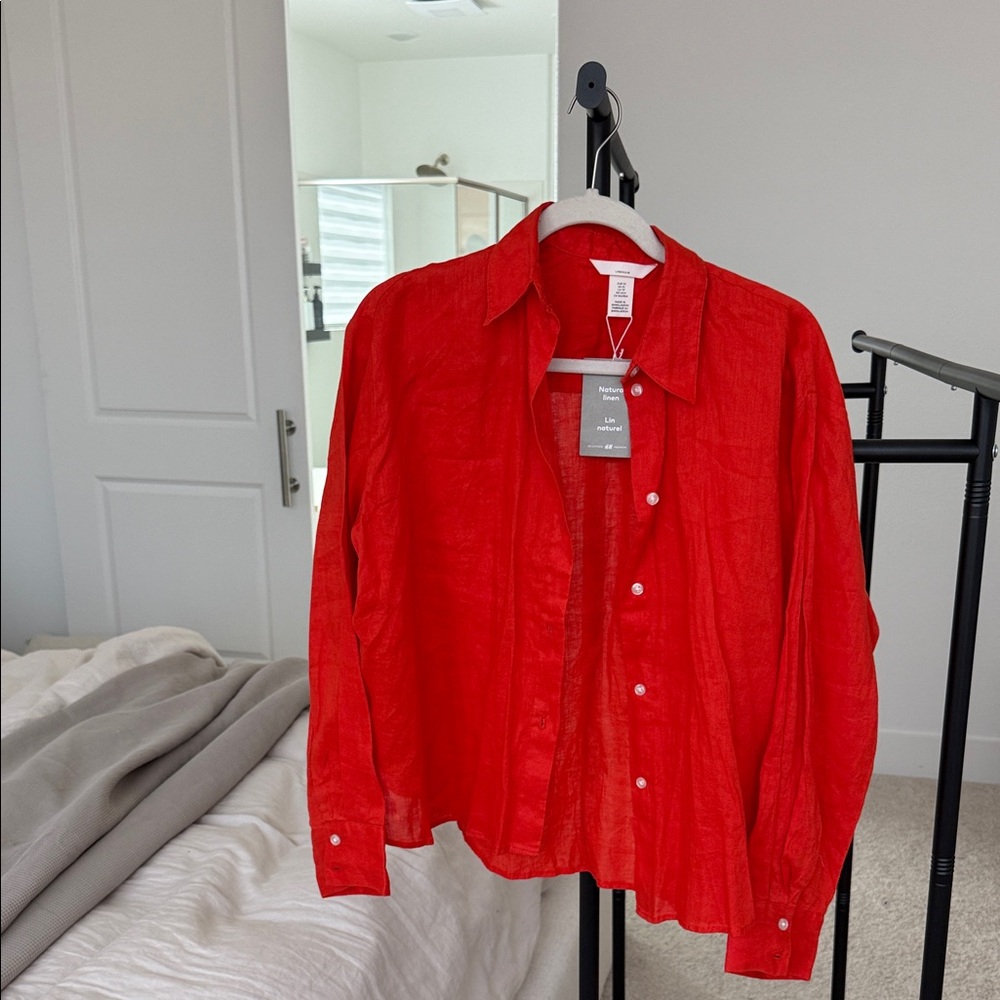 NWT | H&M Linen Red Button Down Shirt